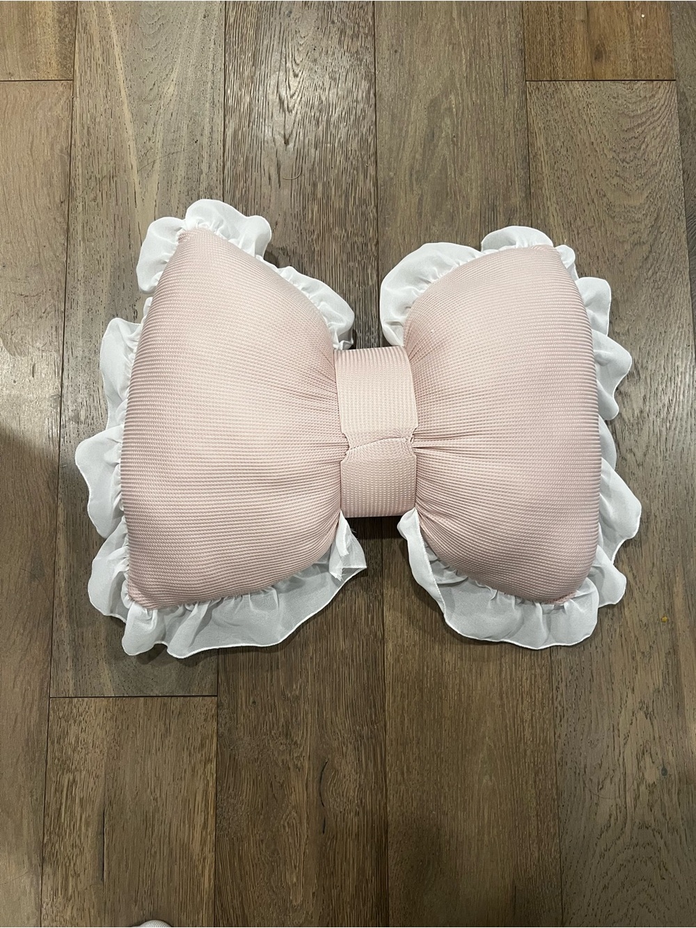 Pink Bow Headrest Pillow with White Ruffle Trim